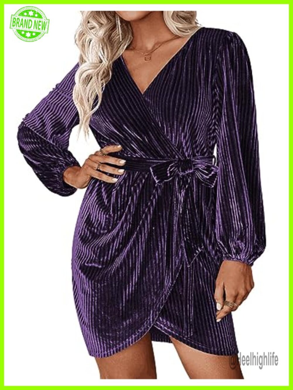 Plus Size Velvet Wrap V Neck Long Sleeve Mini Dress Semi Formal